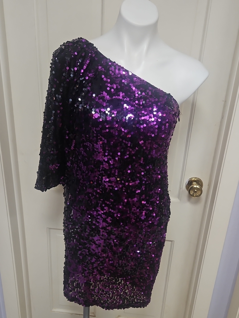 80s AMAZING Disco One-Shoulder Purple Sequin Party Dress